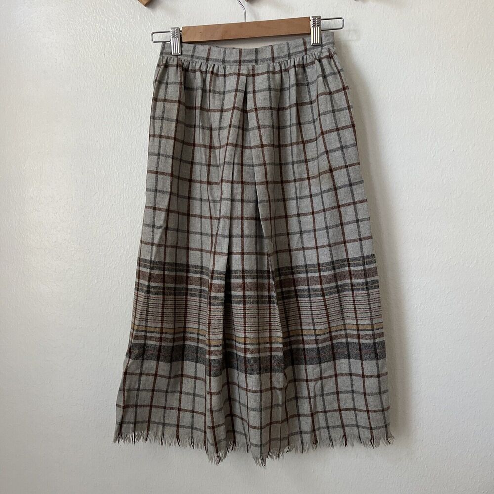Vtg College Town shawl hem midi skirt gray brown plaid academia‎ winter wool 24"